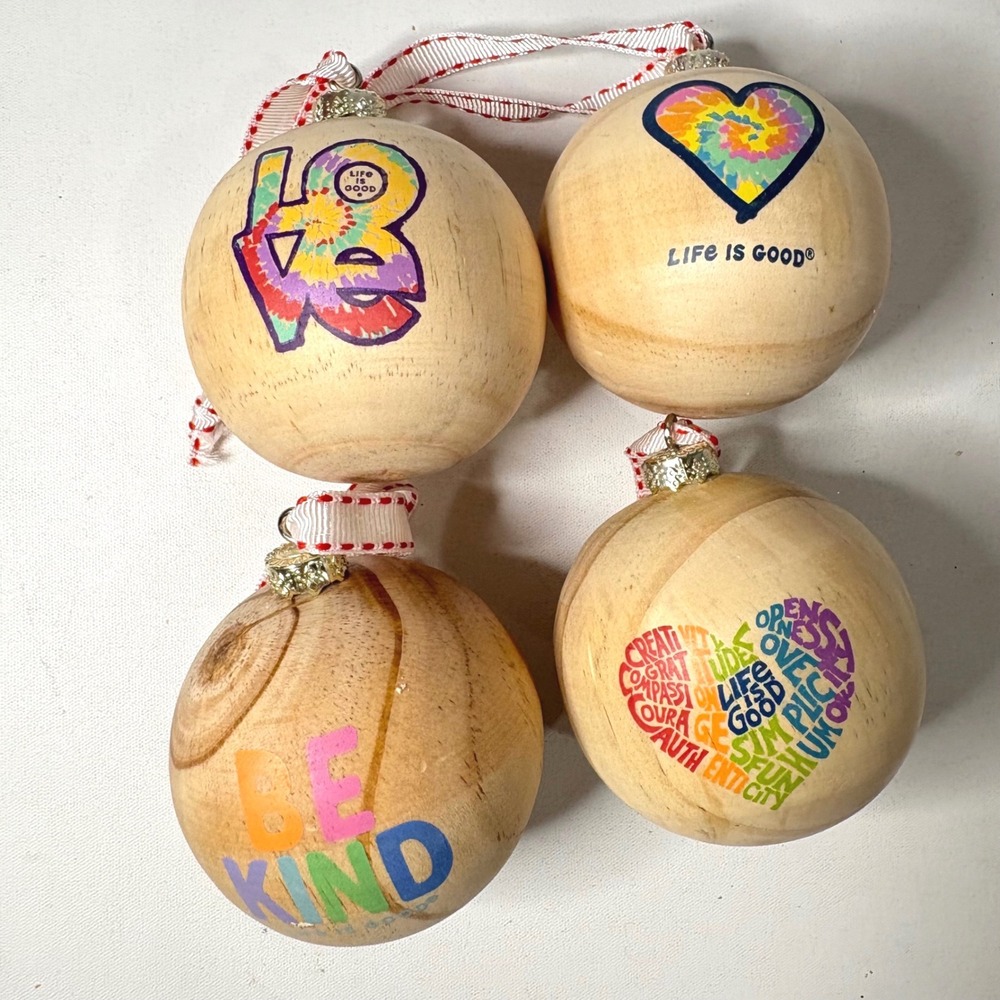Life is Good Wooden Ball Christmas Ornaments Set of 4 Natural Wood Logo Ribbon